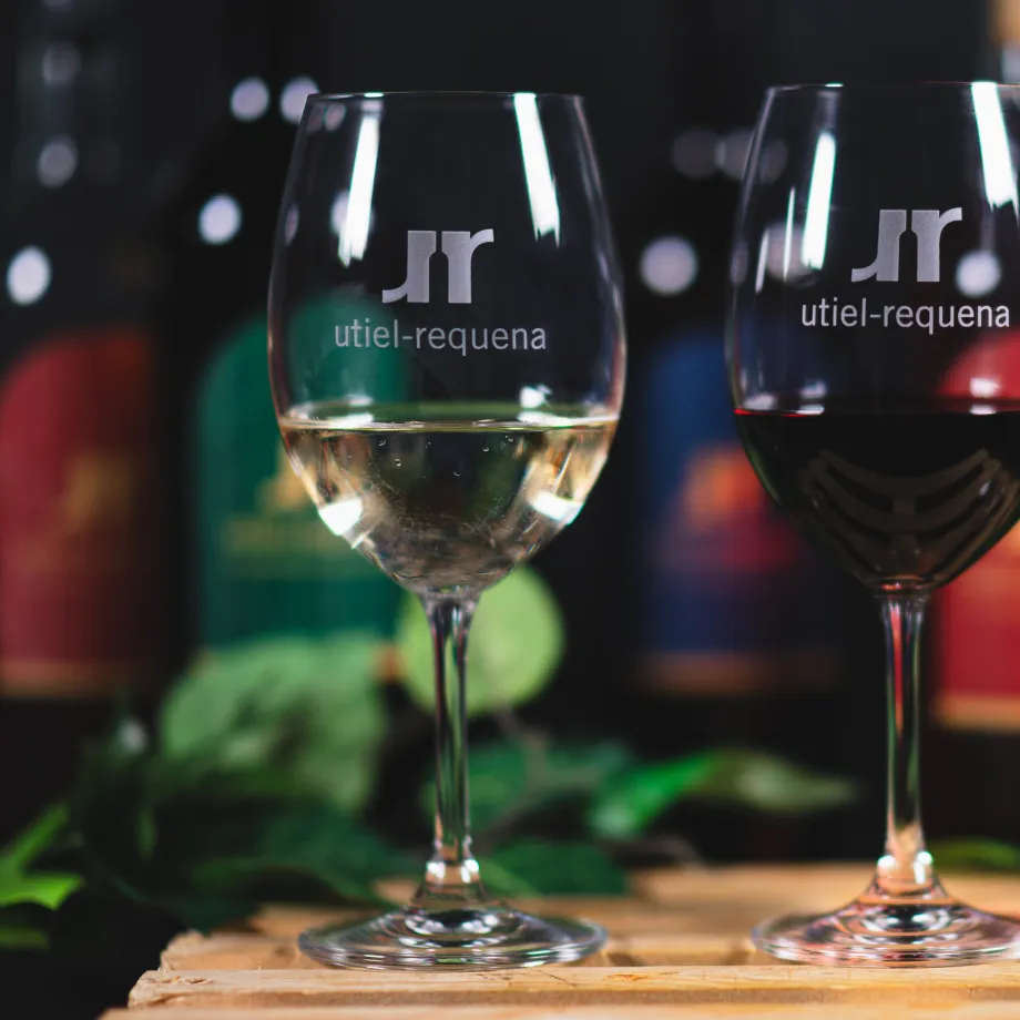 Copa de vino blanco de la DO Utiel-Requena junto a botellas de la denominación