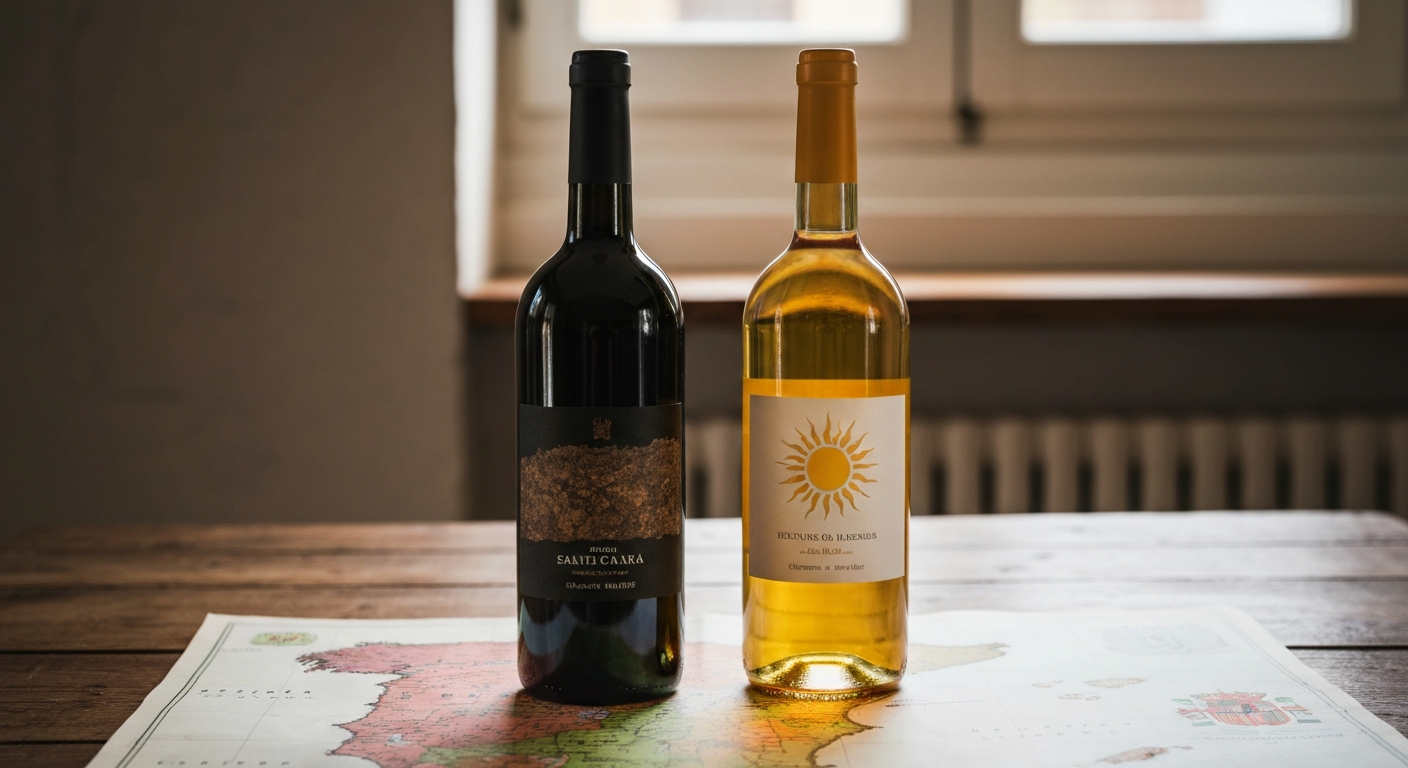 Una botella de vino tinto y otra de blanco de la DO Utiel-Requena sobre una mesa