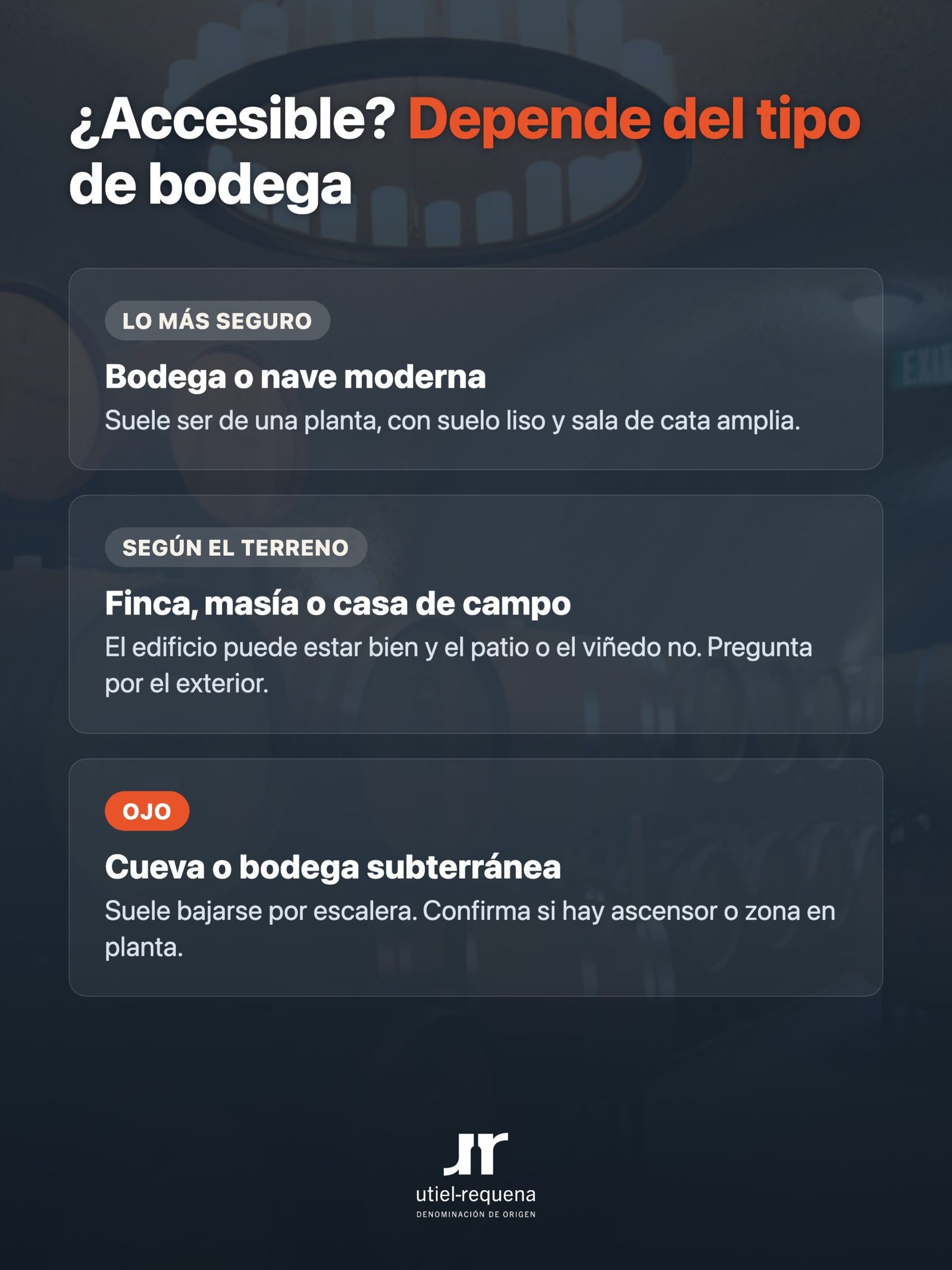 Accesibilidad según el tipo de bodega: nave moderna, finca o cueva subterránea