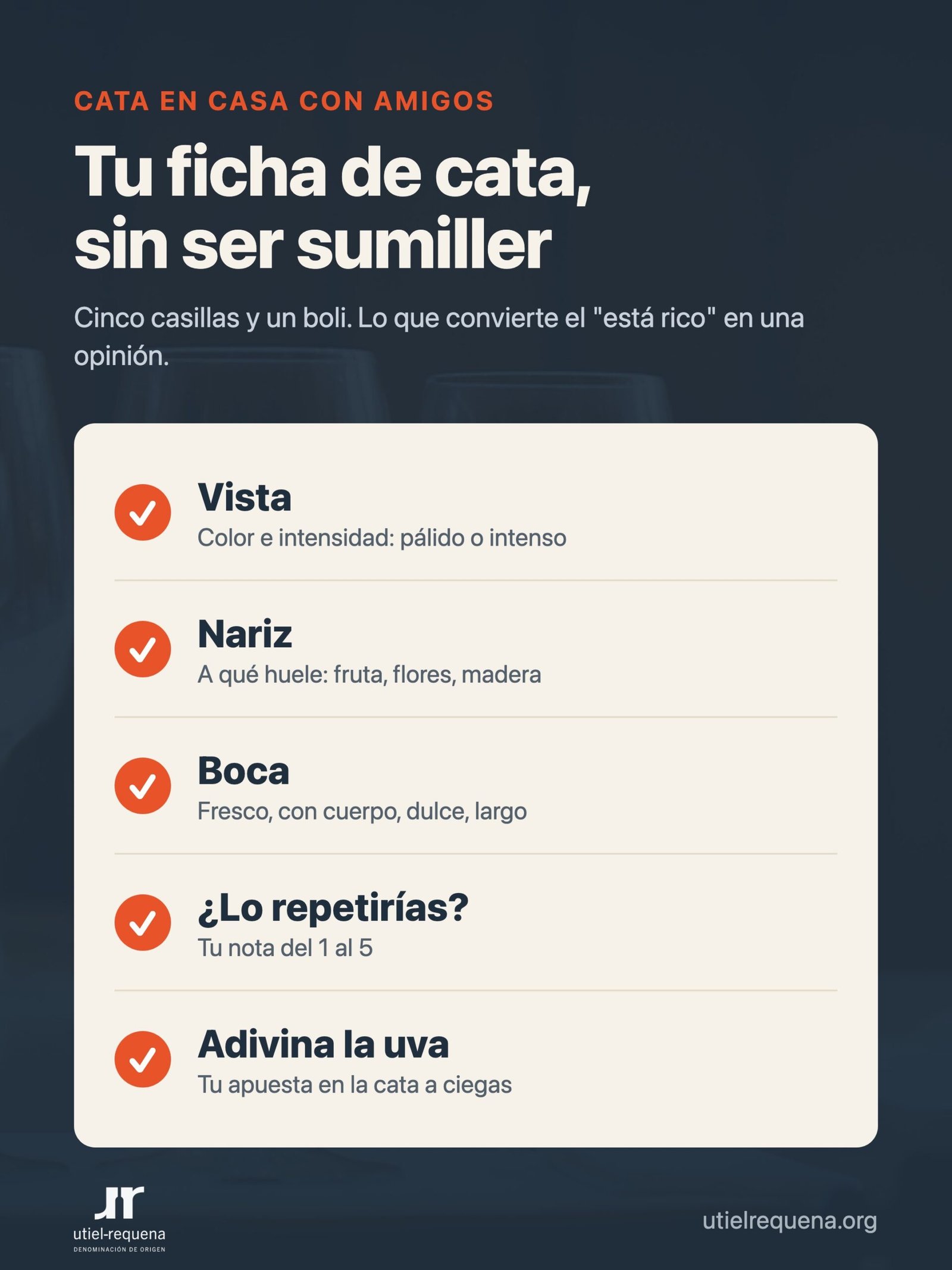Ficha de cata de vinos sencilla: vista, nariz, boca, nota y adivina la uva