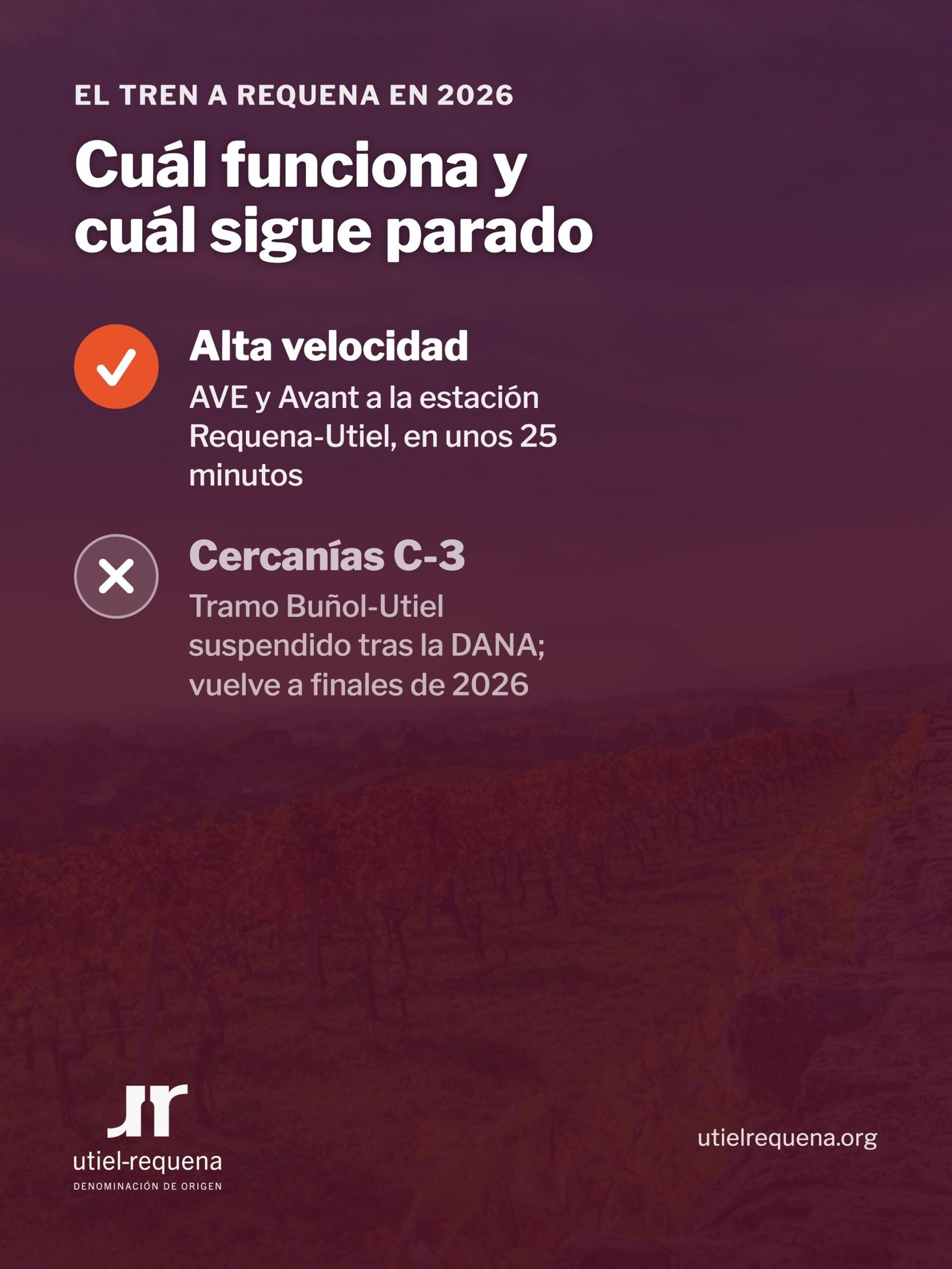 Qué tren funciona a Requena en 2026: la alta velocidad sí, la Cercanías C-3 sigue suspendida