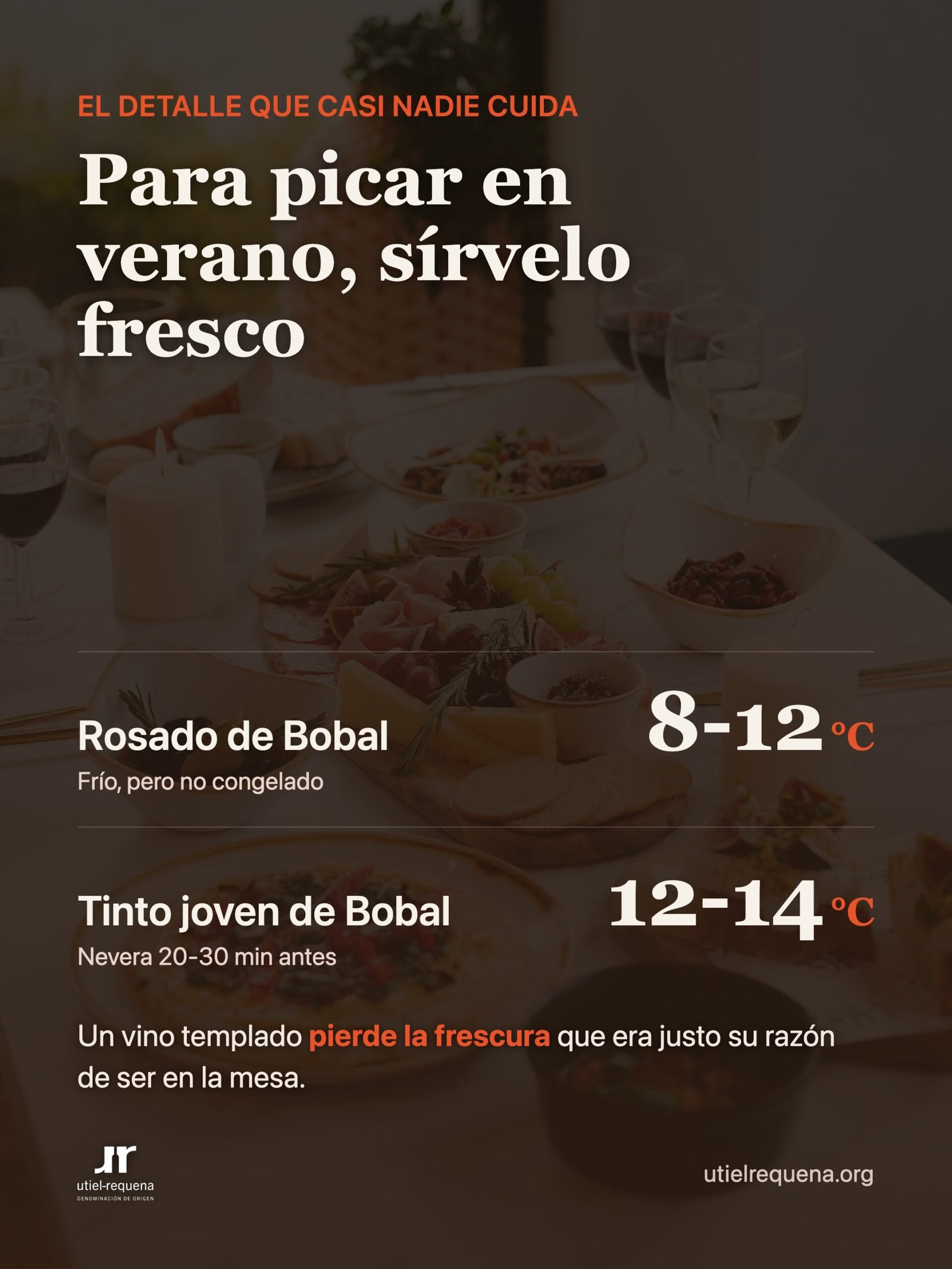 Temperatura de servicio para picar en verano: rosado de Bobal 8-12 grados y tinto joven 12-14 grados