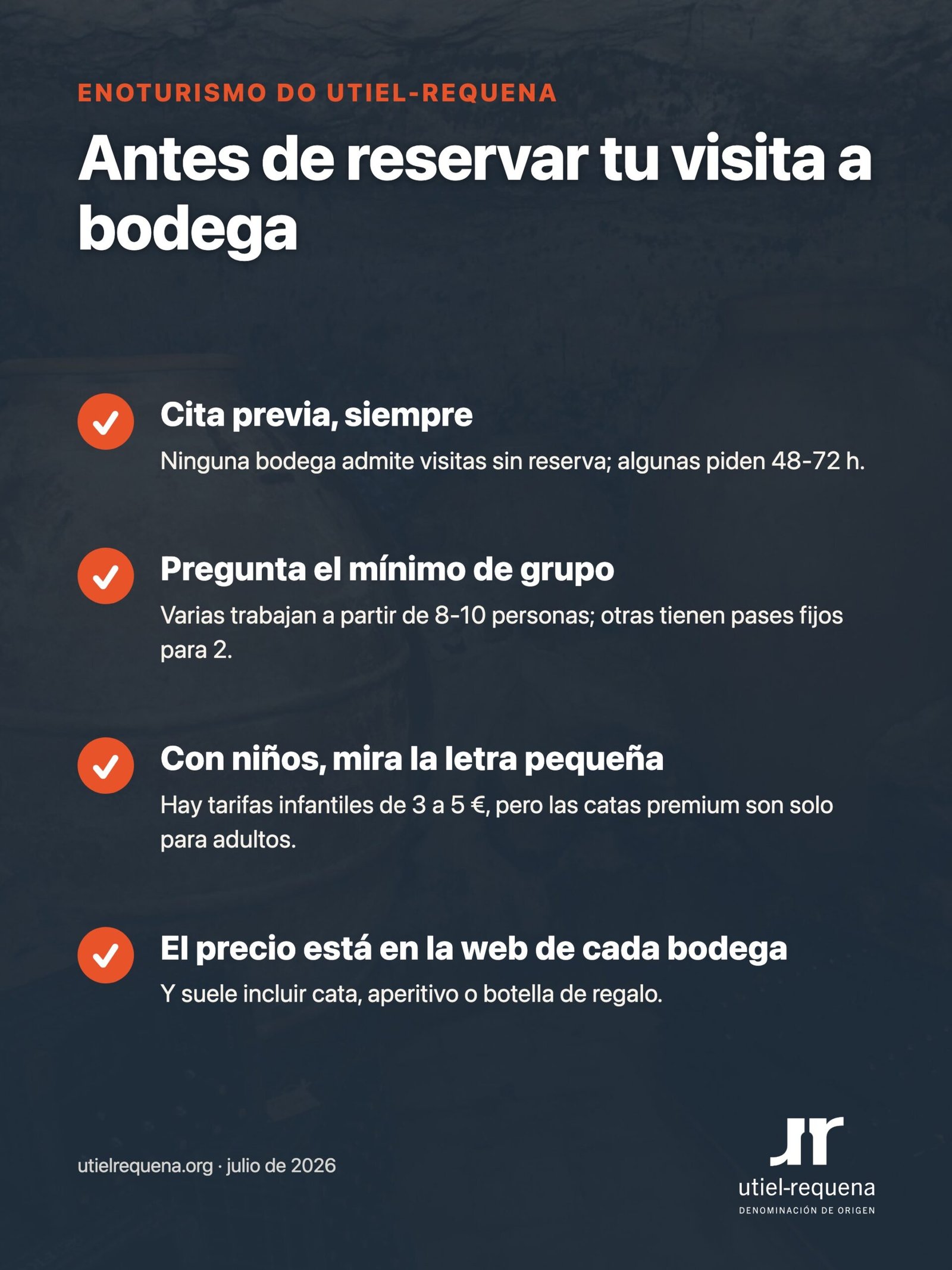 Infografía con consejos antes de reservar una visita a bodega en Utiel-Requena