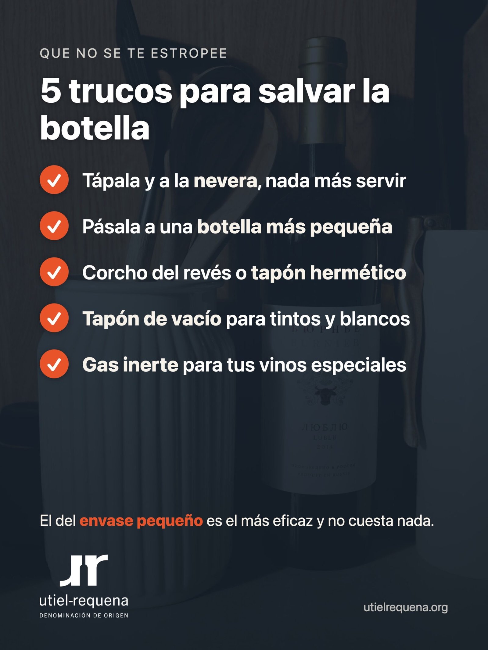 Cinco trucos para conservar una botella de vino abierta: nevera, botella pequeña, tapón de vacío y gas inerte