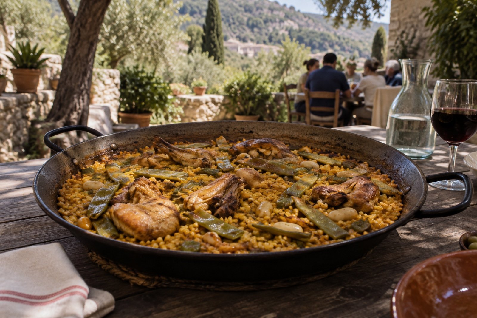 Arroz con bajocas y pollo cocinado en paella plana sobre una mesa de madera