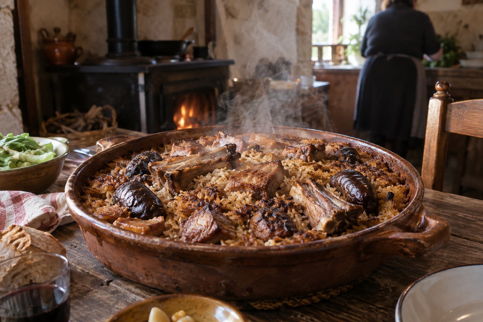 Arroz de matanza en cazuela de barro con carne fresca de cerdo, morcilla y costilla