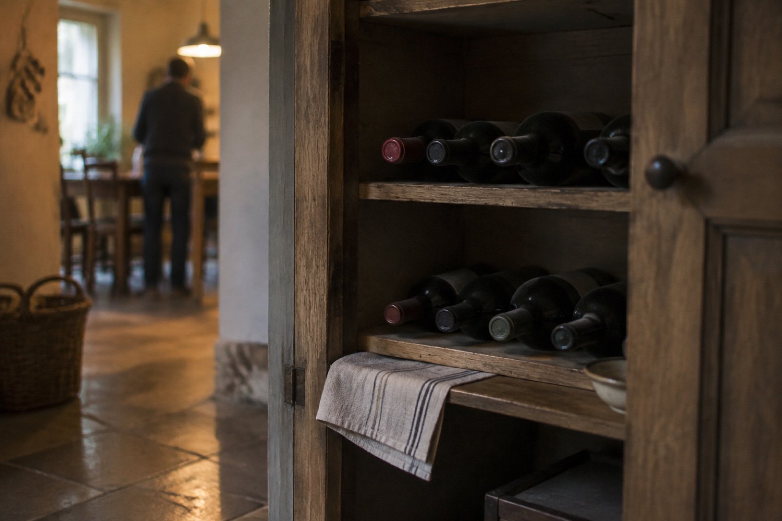 Botellas de vino tumbadas en las baldas de madera de un armario interior de casa