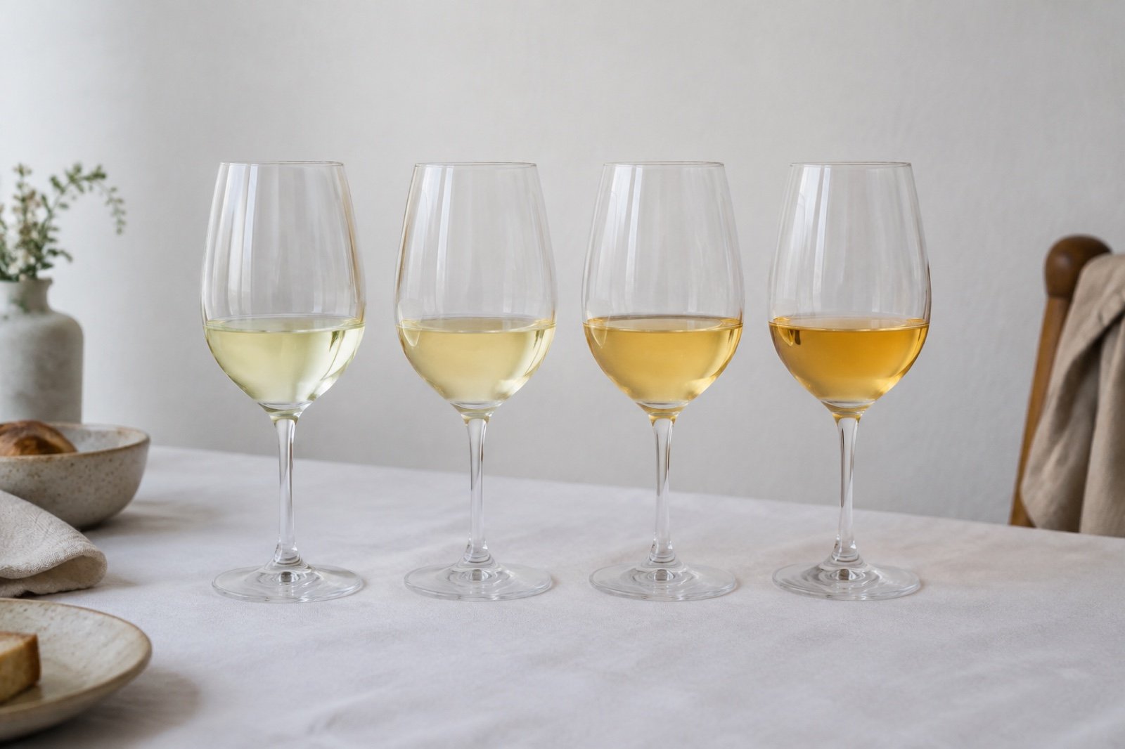 Cuatro copas de cata alineadas con vinos blancos de distinta intensidad de color