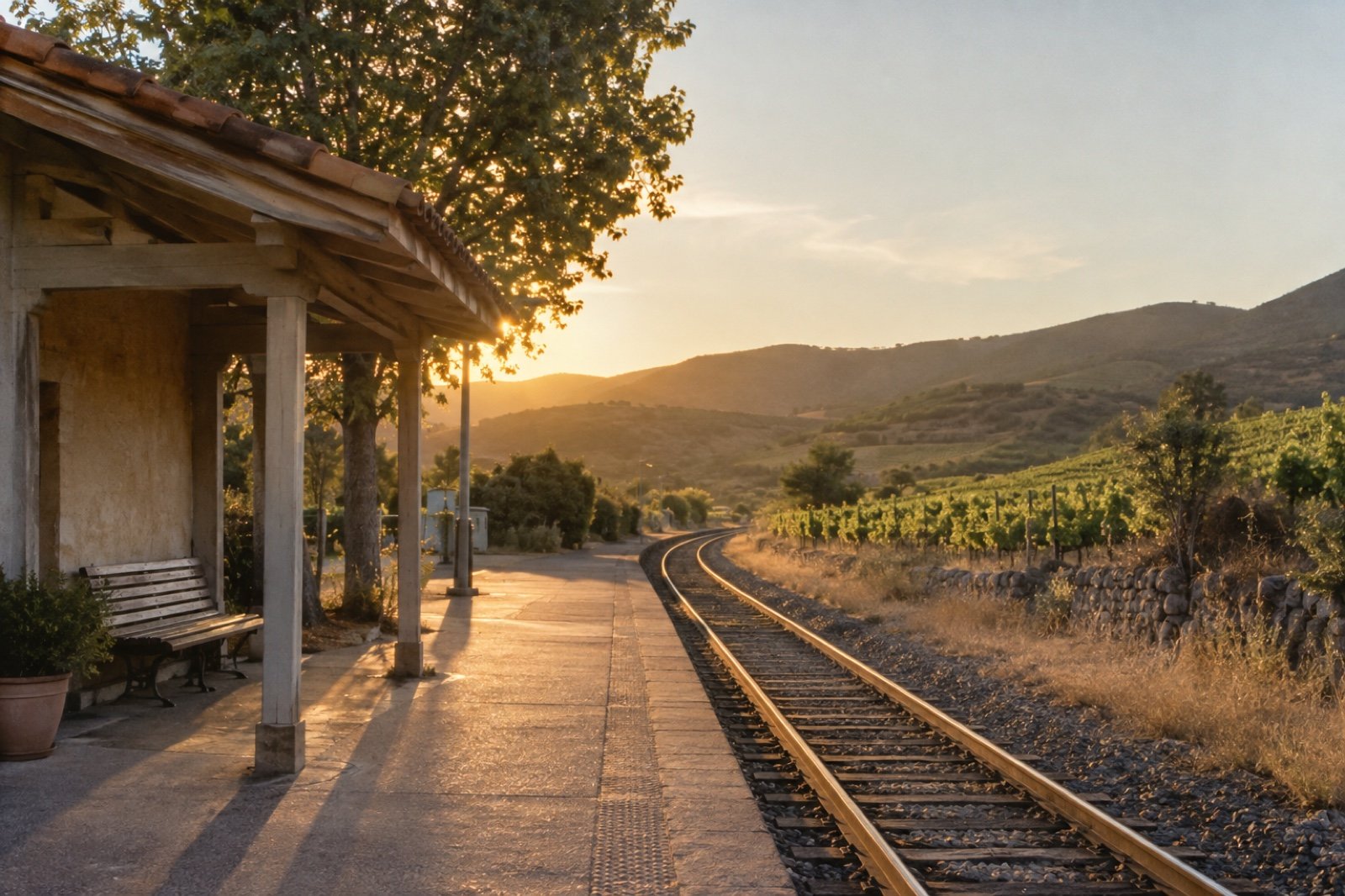 Andén de una estación de tren rural entre viñedos al atardecer