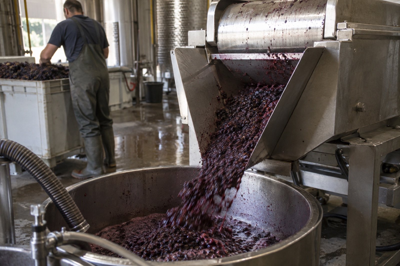 Despalilladora de una bodega soltando mosto y hollejos de uva tinta recién estrujada