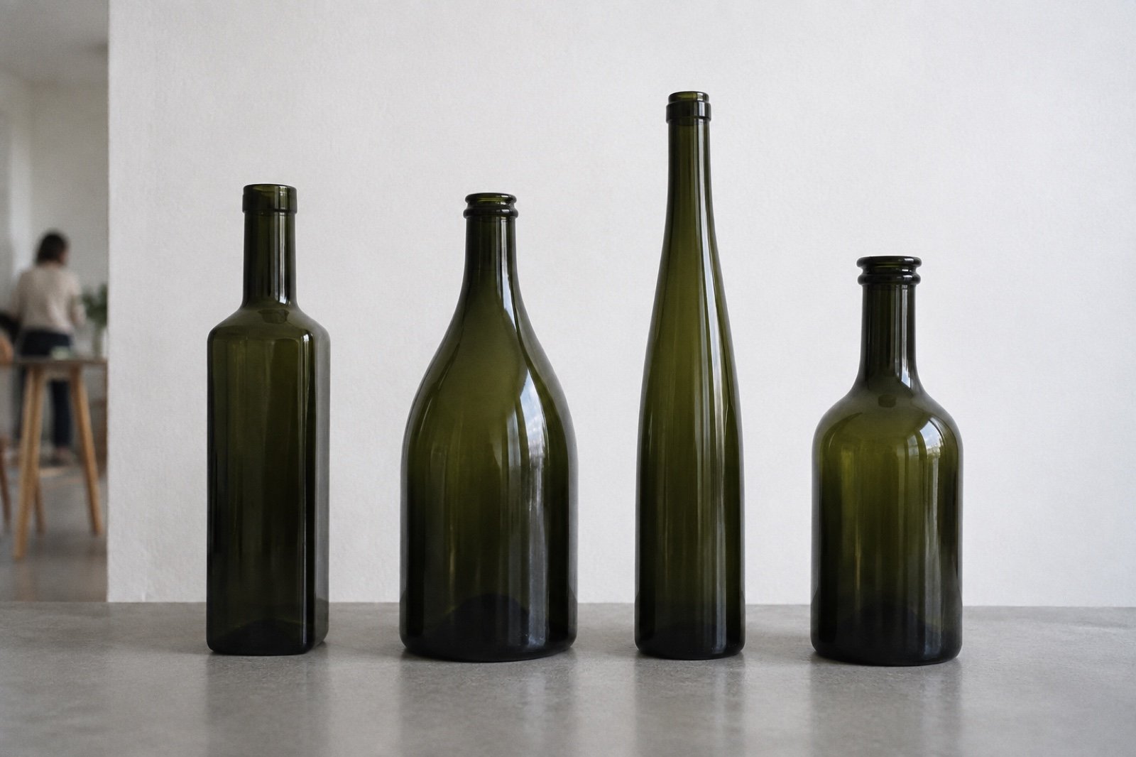 Cuatro botellas de vino vacías de formas distintas alineadas: bordelesa, borgoñona, rhin y de espumoso
