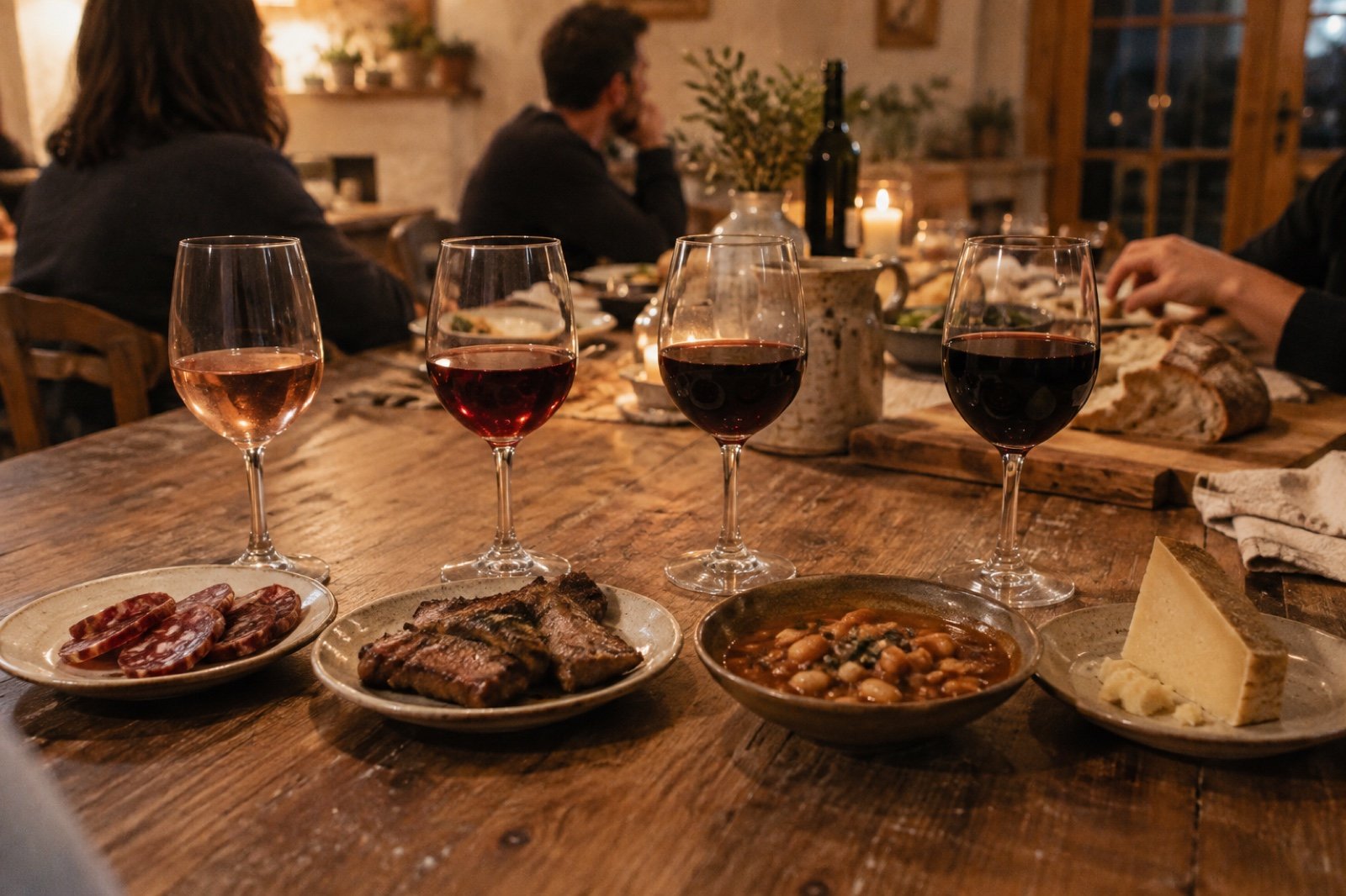 Cuatro copas con distintos estilos de Bobal, cada una junto a un plato: embutido, brasa, guiso y queso curado