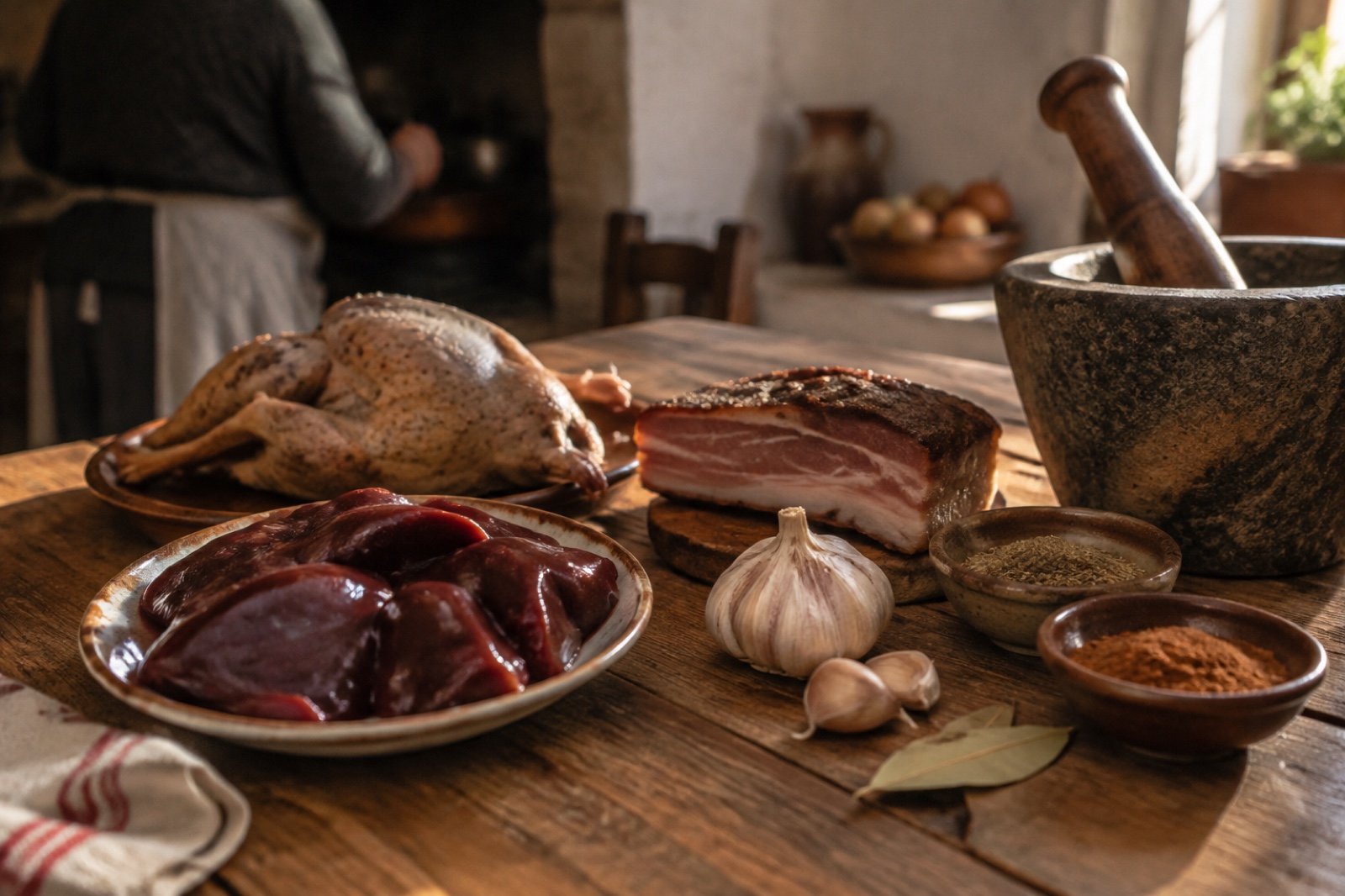 Ingredientes del morteruelo sobre una mesa: hígado de cerdo, caza, tocino, especias y mortero de piedra