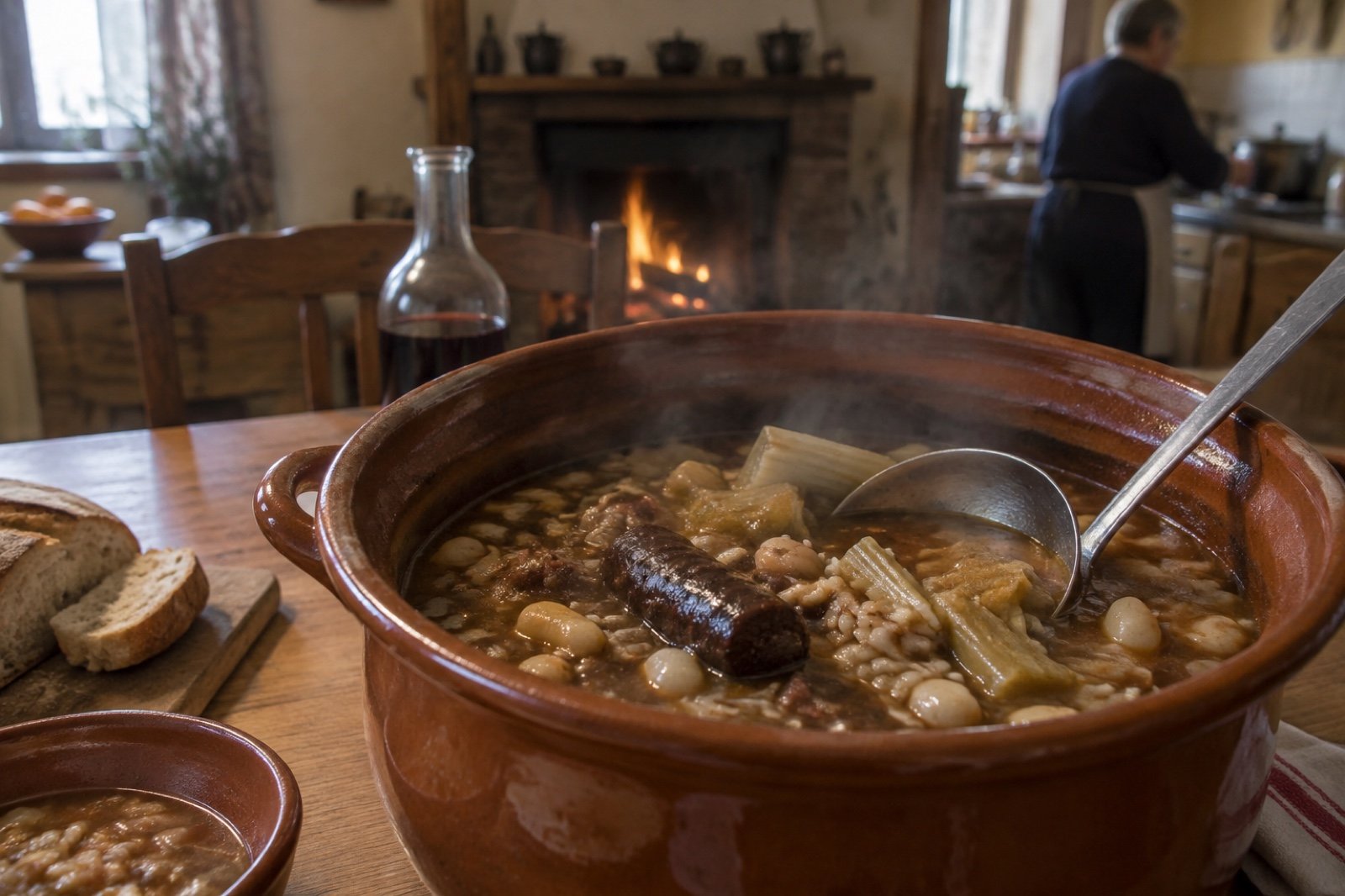 Olla de barro con olleta de alubia, cardo y arroz humeando sobre una mesa de madera