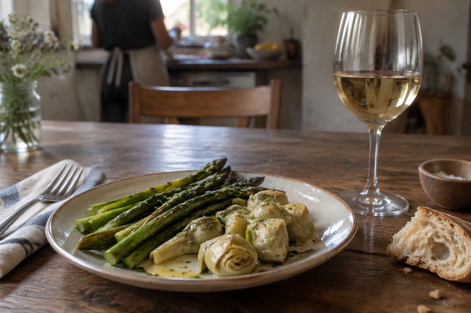 Plato de alcachofas y espárragos aliñados junto a una copa de vino blanco