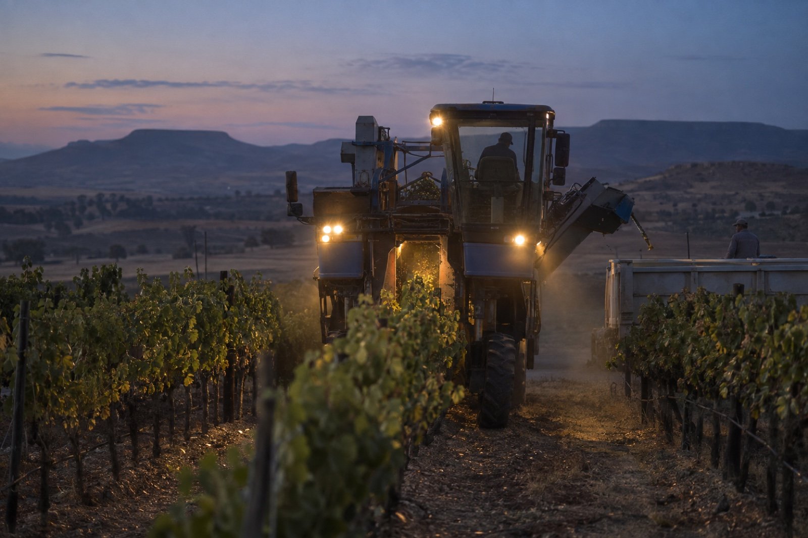 Vendimiadora mecánica trabajando de noche sobre una hilera de viñedo en espaldera