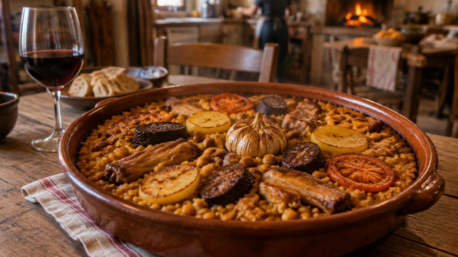 Arroz al horno tradicional en cazuela de barro con garbanzos, morcilla, patata y tomate