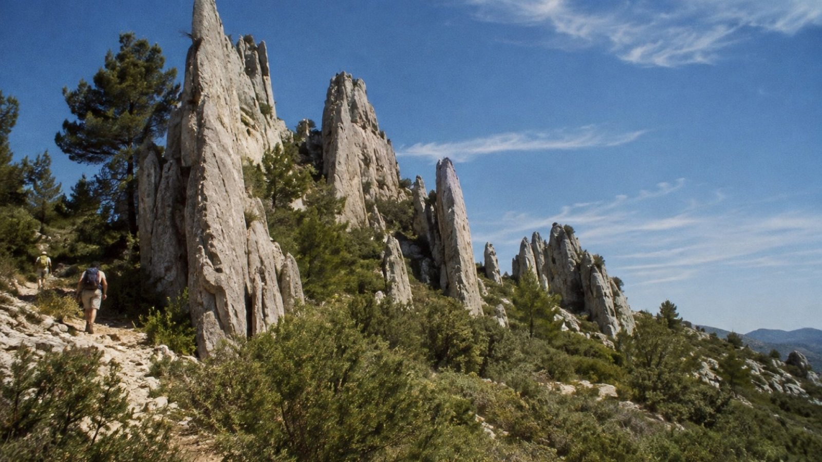 Crestas verticales de roca caliza sobresaliendo del monte mediterráneo en el paraje de los Cuchillos