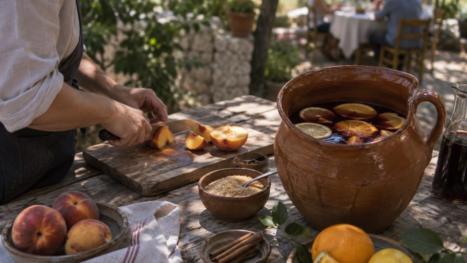 Preparando cuerva: manos cortando melocotón junto a una jarra de barro con vino tinto y fruta