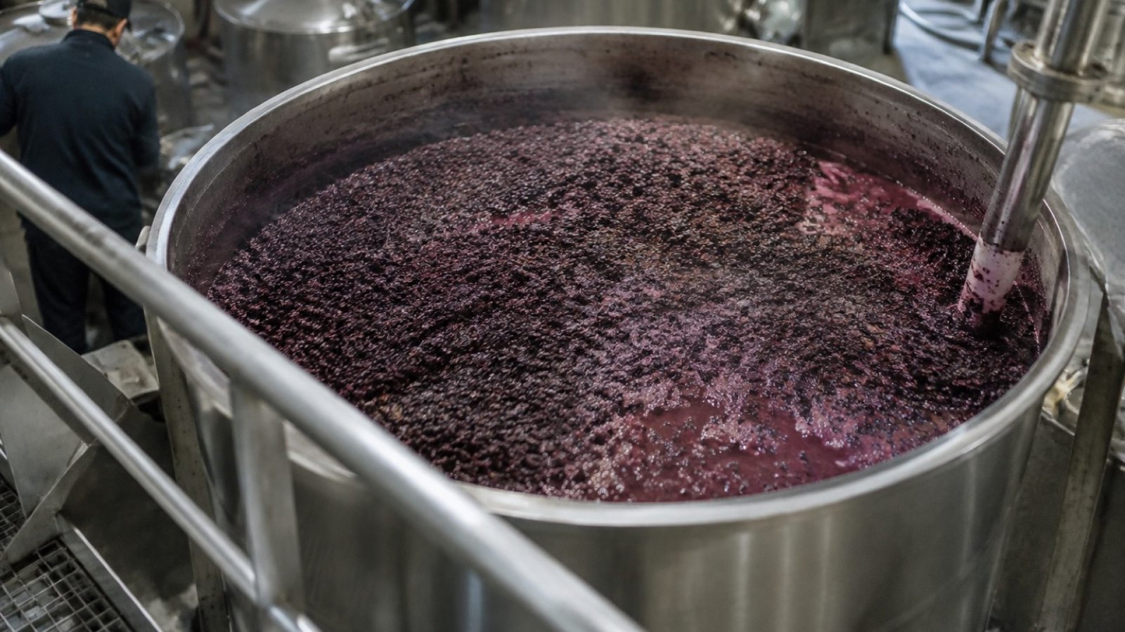 Depósito de fermentación abierto con el sombrero de hollejos flotando sobre el mosto tinto
