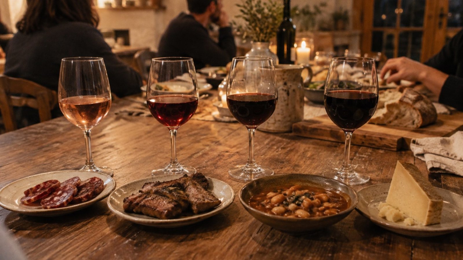 Cuatro copas con distintos estilos de Bobal, cada una junto a un plato: embutido, brasa, guiso y queso curado