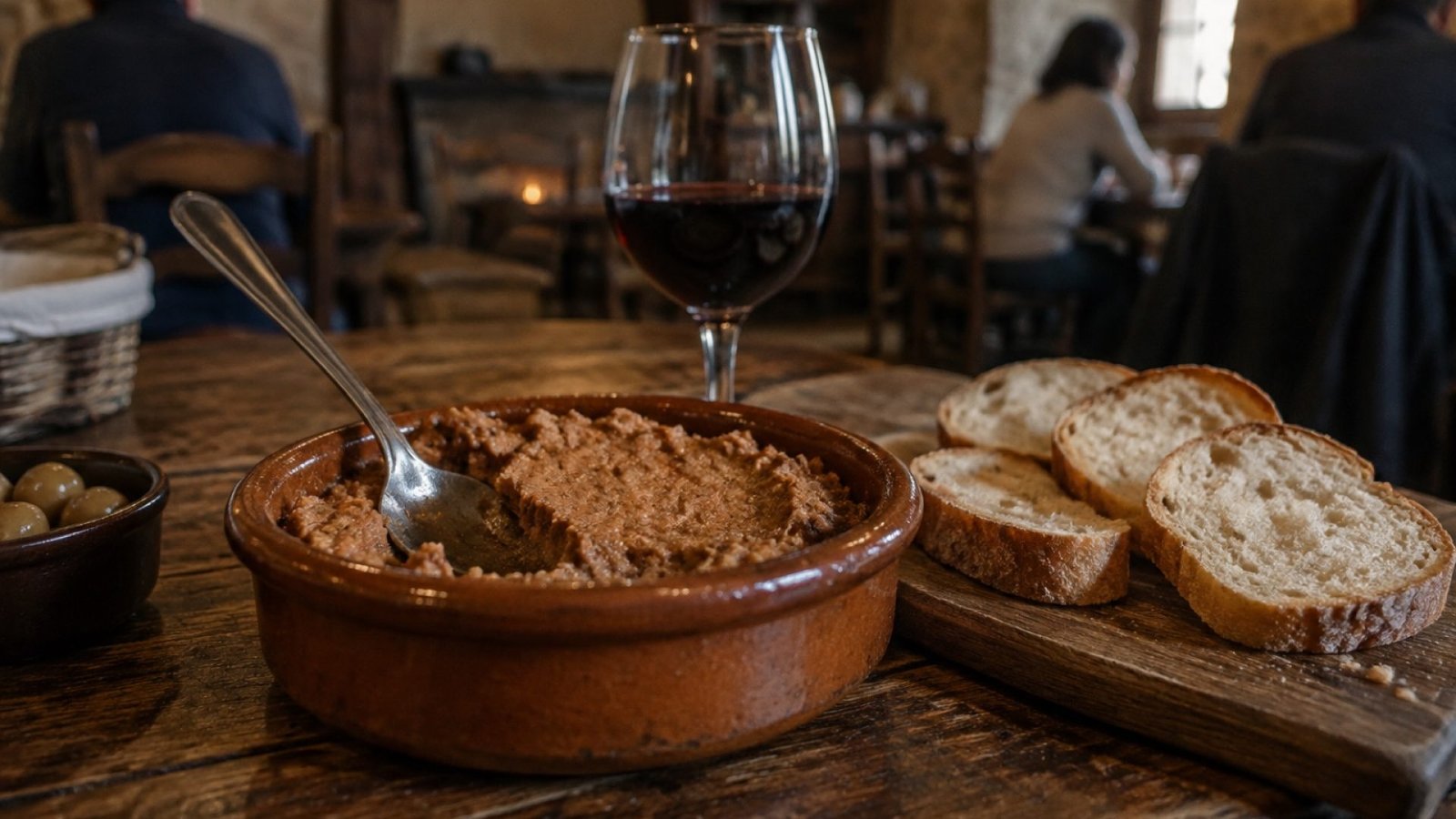 Morteruelo servido en cazuela de barro con pan tostado y una copa de vino tinto