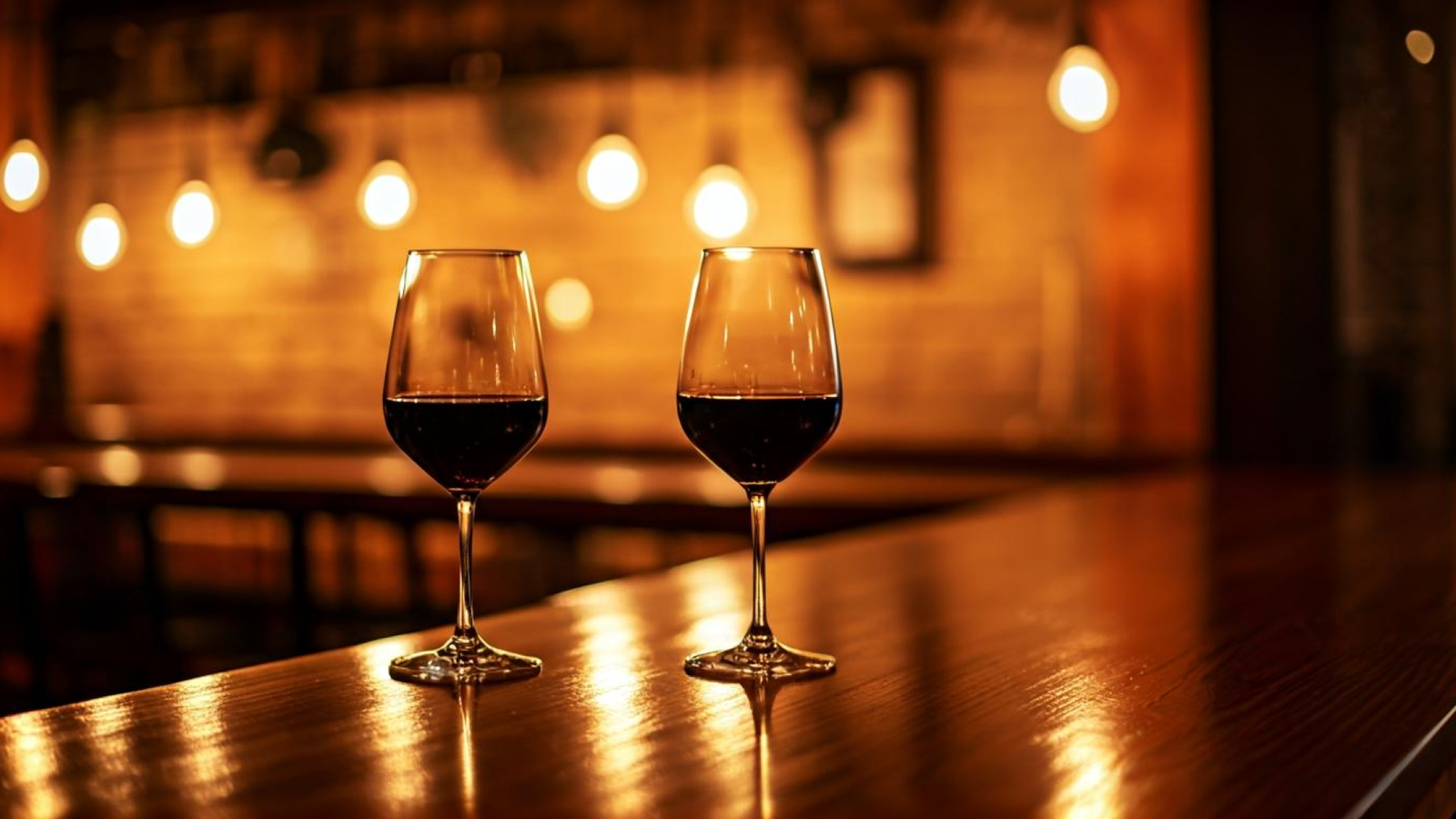 Tres copas de vino tinto sobre una barra de bar mediterránea con luz cálida
